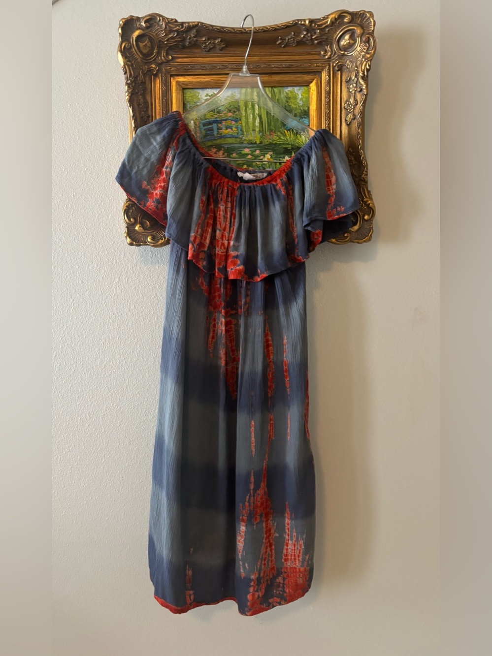 VanillaStar Boho Off-Shoulder Midi Dress in Slate Blue and Red